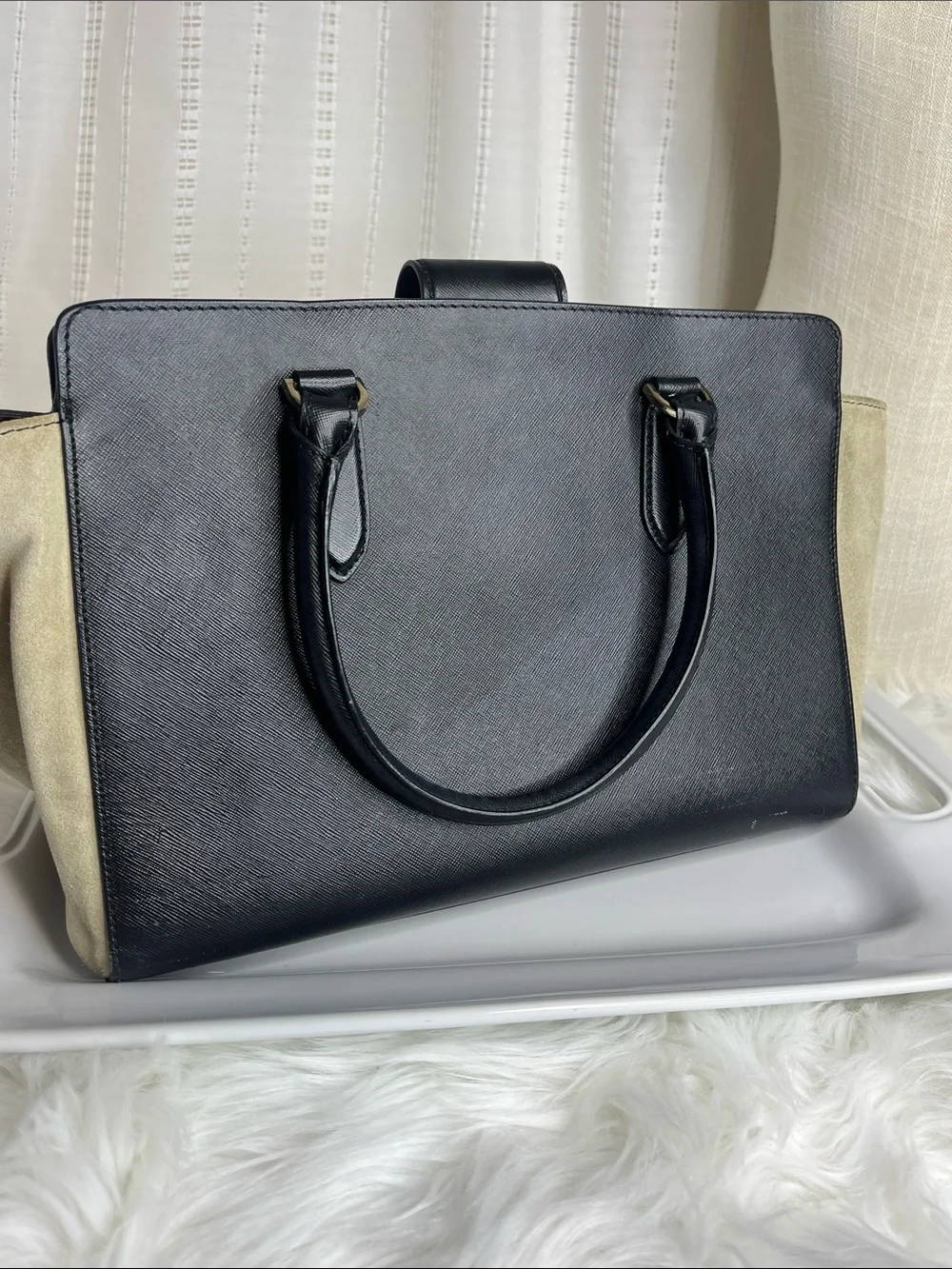 Patrizia Pepe Beige Suede and Black Leather Satchel with Gold Lock